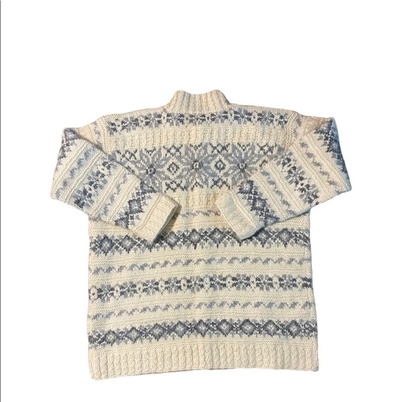 Vintage Hand Knit Jones NY Wool Cardigan Sweater PL Cream Blue  Zip Pockets - Picture 2 of 9